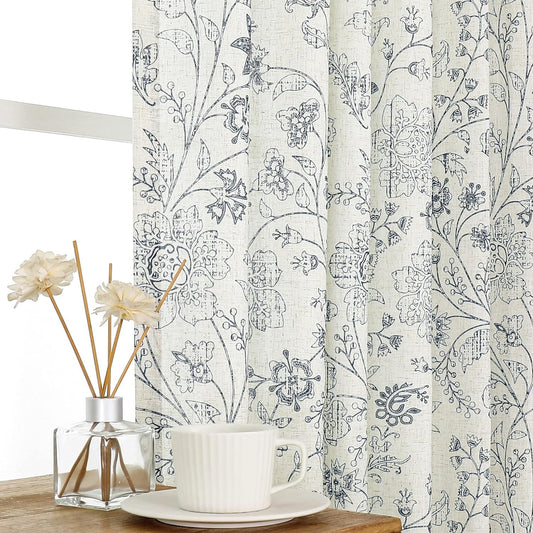 Vision Home Blue Floral Linen Curtains 84 Inch Farmhouse Botanical Print Light Filtering Window Curtains for Living Room Bedroom Rod Pocket Back Tab Navy Beige Semi Sheer Drapes 2 Panels 54" Wx84 L  Vision Home Blue 54"X63"X2 