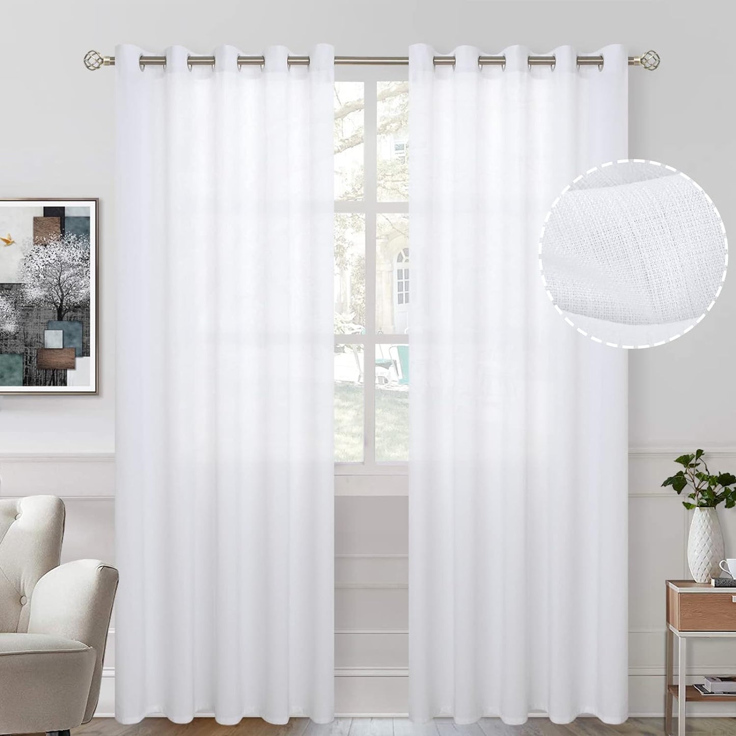 Bgment Natural Linen Look Semi Sheer Curtains for Bedroom, 52 X 54 Inch White Grommet Light Filtering Casual Textured Privacy Curtains for Bay Window, 2 Panels  BGment White 60Wx95L 