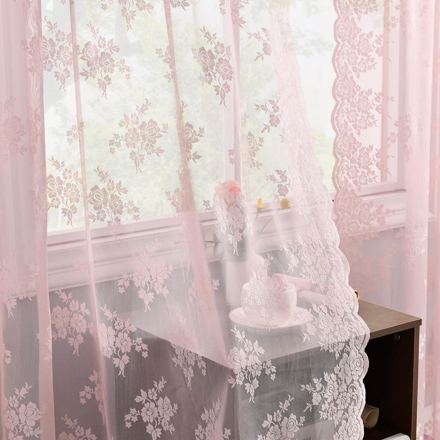 Kotile Sage Green Sheer Valance Curtain for Windows, Rustic Floral Spring Sheer Window Valance Curtain 18 Inch Length, Light Filtering Rod Pocket Lace Valance, 52 X 18 Inch, 1 Panel, Sage Green  Kotile Textile Pink 52 In X 54 In (W X L) 