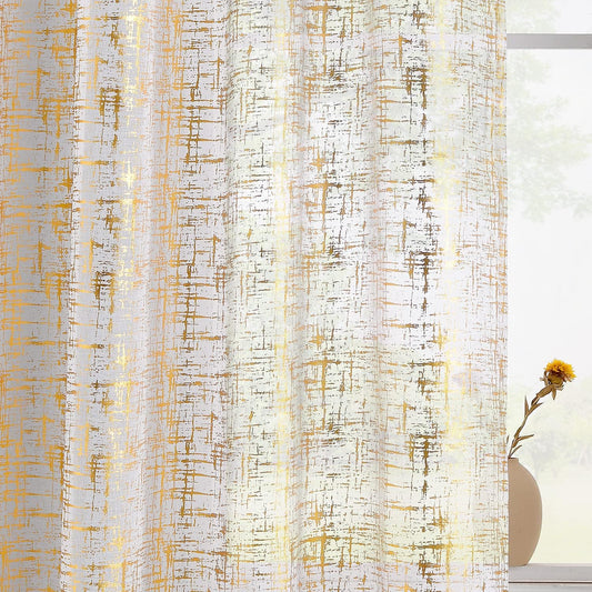 TERLYTEX White Gold Sheer Curtains 84 Inch Length, Metallic Gold Foil Cross Hatch Sparkle Sheer Curtains for Living Room, Rod Pocket Privacy Shimmer Curtains, 52 X 84 Inch, 2 Panels, Gold White  TERLYTEX Gold White W52 X L84 Inch|Pair 