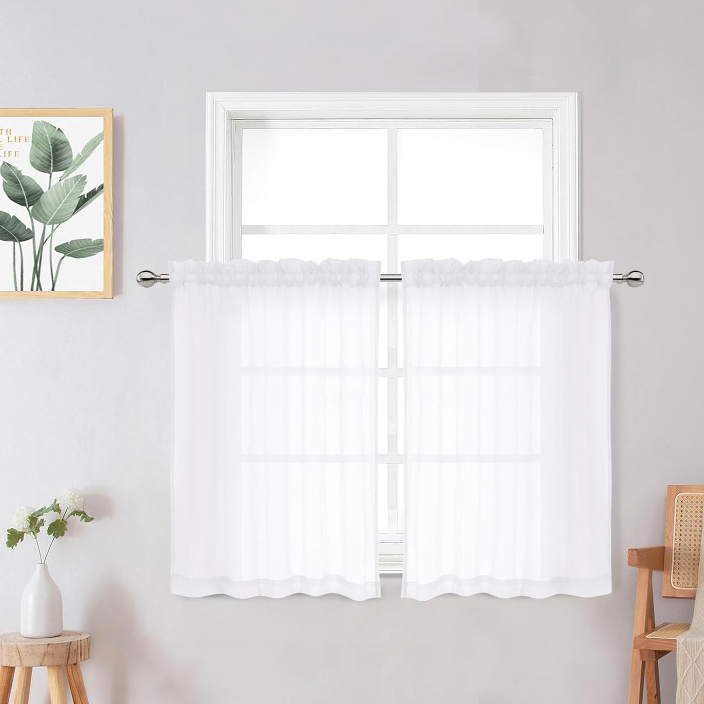 Chyhomenyc Crushed White Sheer Valances for Window 14 Inch Length 2 PCS, Crinkle Voile Short Kitchen Curtains with Dual Rod Pockets，Gauzy Bedroom Curtain Valance，Each 42Wx14L Inches  Chyhomenyc White 28 W X 24 L 