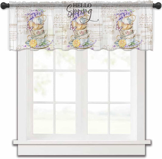 Spring Lavender Floral Valance Curtains for Kitchen/Living Room/Bathroom/Bedroom Window,Rod Pocket Small Topper Half Short Window Curtains Voile Sheer Scarf, Vintage Watercolor Lemon Teacup 60"X18"
