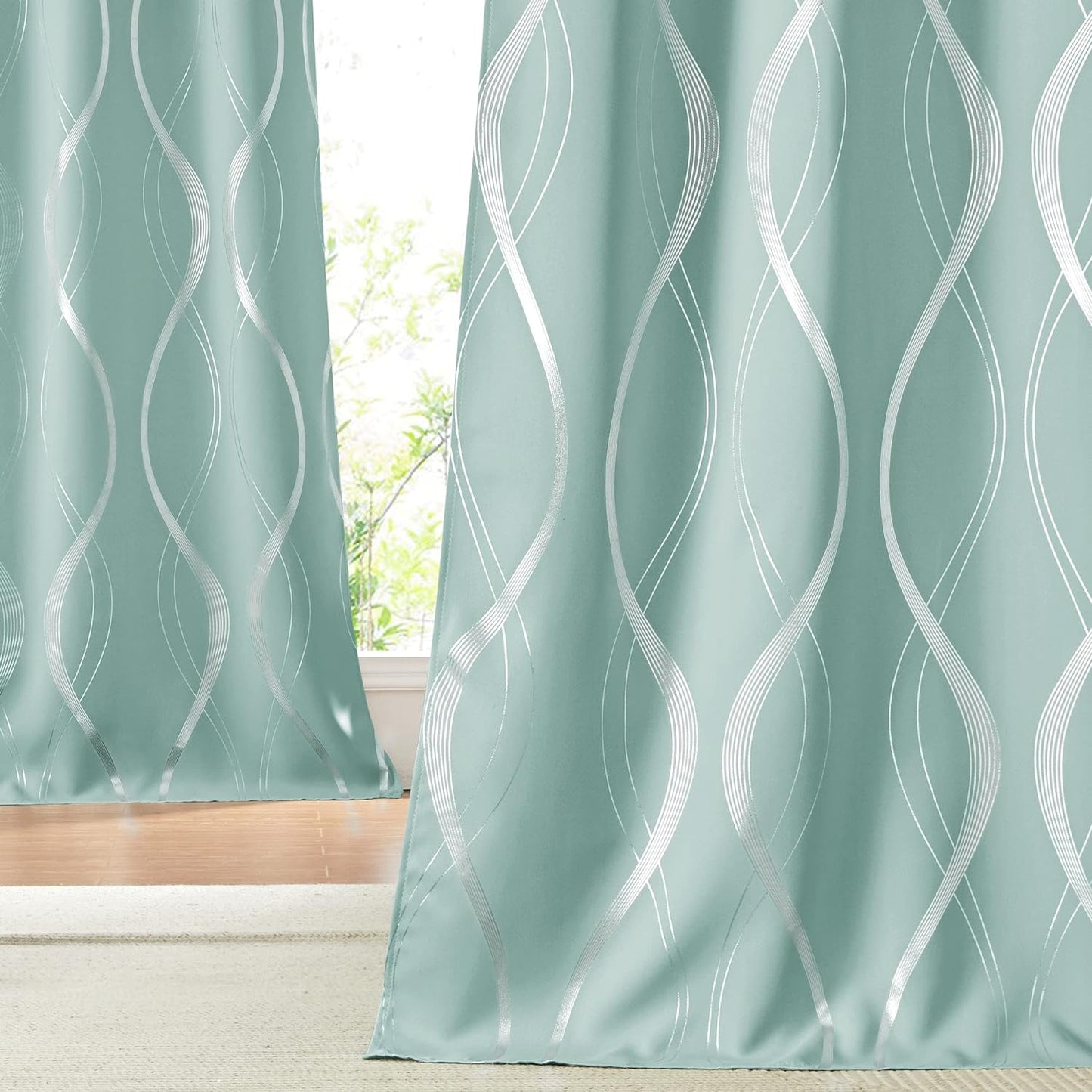 NICETOWN Grey Blackout Curtains 84 Inch Length 2 Panels Set for Bedroom/Living Room, Noise Reducing Thermal Insulated Wave Line Foil Print Drapes for Patio Sliding Glass Door (52 X 84, Gray)  NICETOWN Auqa Blue 52"W X 84"L 