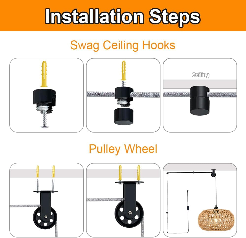 Black Pulley Wheels Set of 2 for Plug in Pendant Light Swag Ceiling Hooks for Hanging Lights with Cord, Aluminium Wall Ceiling Mount Lifting Towing Pulleys for DIY Chandelier Lighting