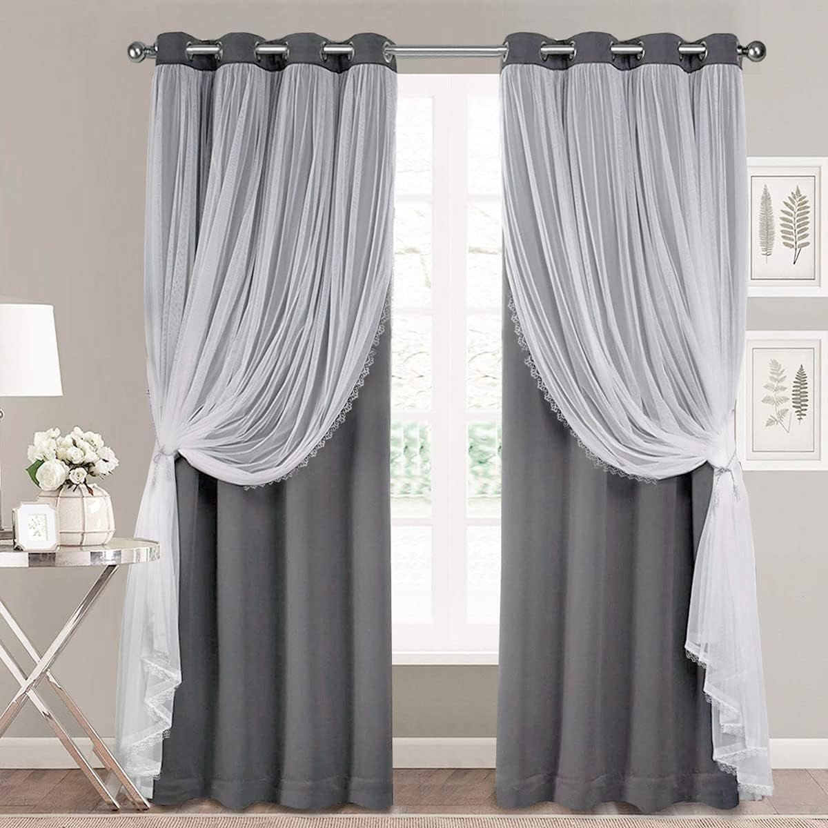 Pink Blackout Curtains 84 Inch Length - Double Layers Princess Girls Curtains & Draperies Panels for Kids Bedroom Living Room Nursery Pink Lace Hem Room Darkening Curtains, 2 Pcs  SOFJAGETQ Grey 52 X 63 