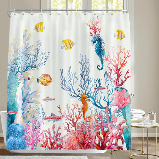 Ocean Seahorse Shower Curtain，Tropical Sea Life Underwater Coral Shell Marine Beach Theme Shower Curtain for Bathroom，Waterproof Fabric Machine Washable，72X72 Inch