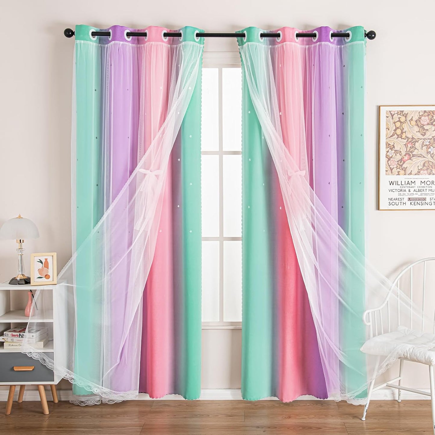 UNISTAR 2 Panels Stars Blackout Curtains for Bedroom Girls Kids Baby Window Decoration Double Layer Star Cut Out Aesthetic Living Room Decor Wall Home Curtain,W52 X L63 Inches,Pink  UNISTAR 2 Panels 丨 Rainbow-Pinkpurple-Green 63.00" X 52.00" 
