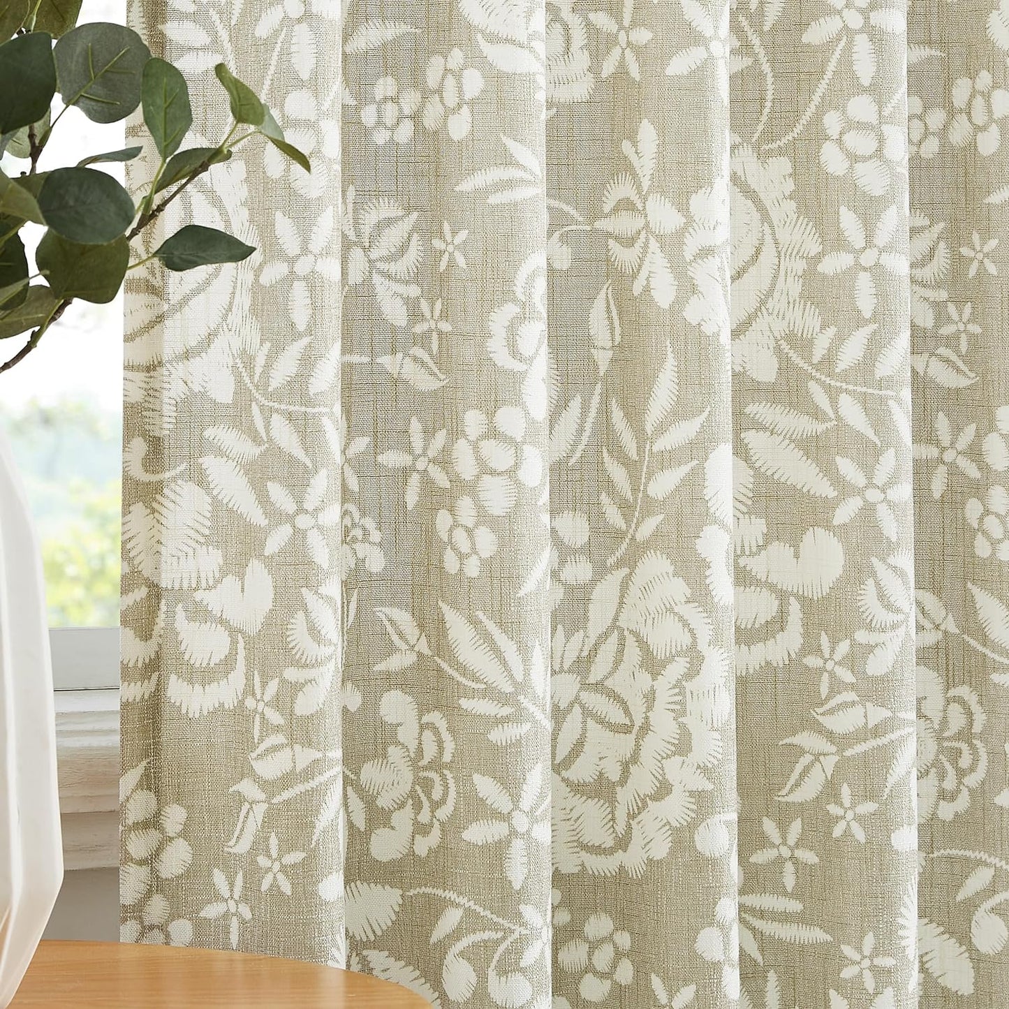 Vision Home Blue Floral Linen Curtains 84 Inch Farmhouse Botanical Print Light Filtering Window Curtains for Living Room Bedroom Rod Pocket Back Tab Navy Beige Semi Sheer Drapes 2 Panels 54" Wx84 L  Vision Home Flax Linen 52"X95"X2 