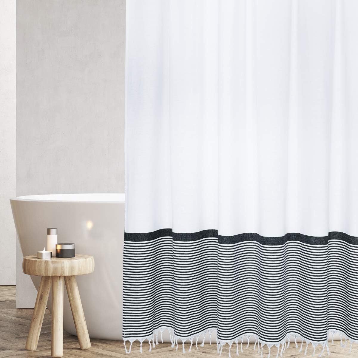 HALL & PERRY Modern Farmhouse Tassel Shower Curtain 100% Cotton Striped Fabric Shower Curtain with Tassels for Bathroom Décor (Black 5, 72"X72")