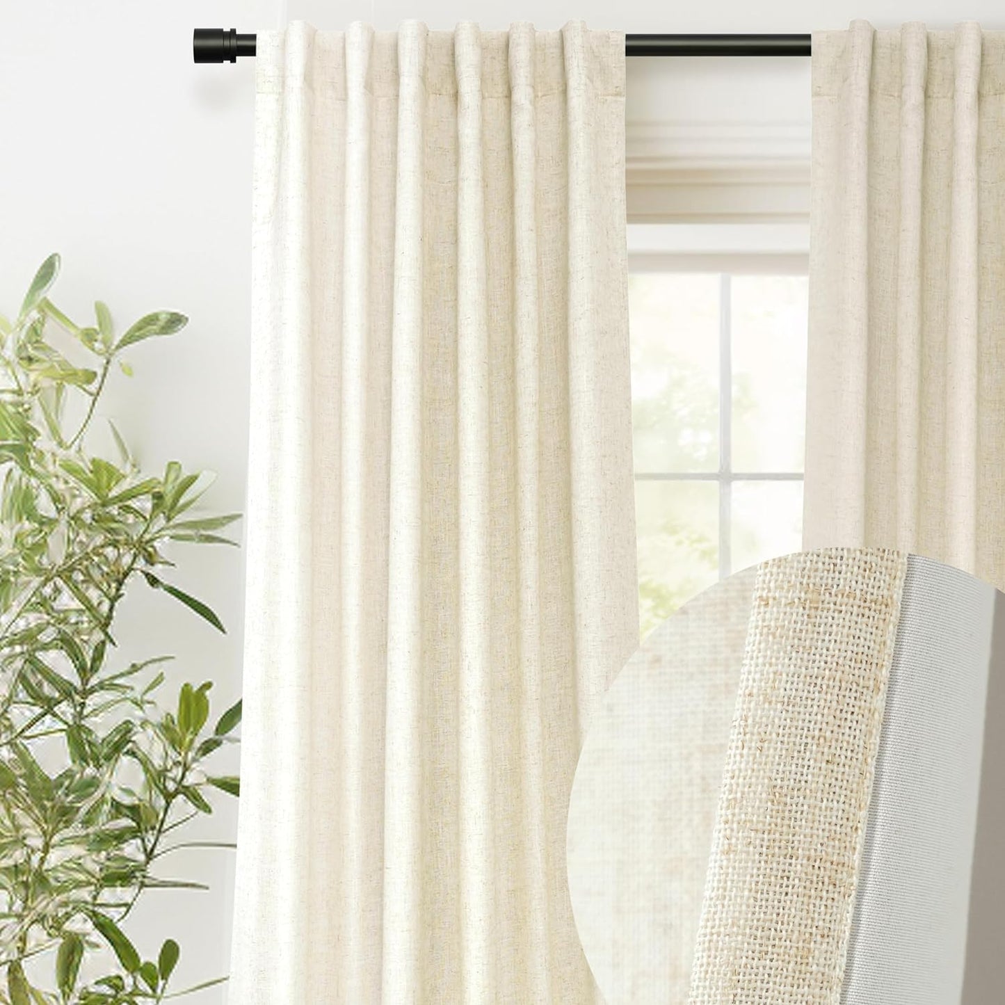 Driftaway 100% Blackout Natural Linen Curtains for Bedroom 96 Inches Long Double Layer Drape Farmhouse Thermal Insulated 3 Inch Rod Pocket Back Tab Full Light Blocking 2 Panels for Living Room Nursery  DriftAway Light Linen 52"X108" 
