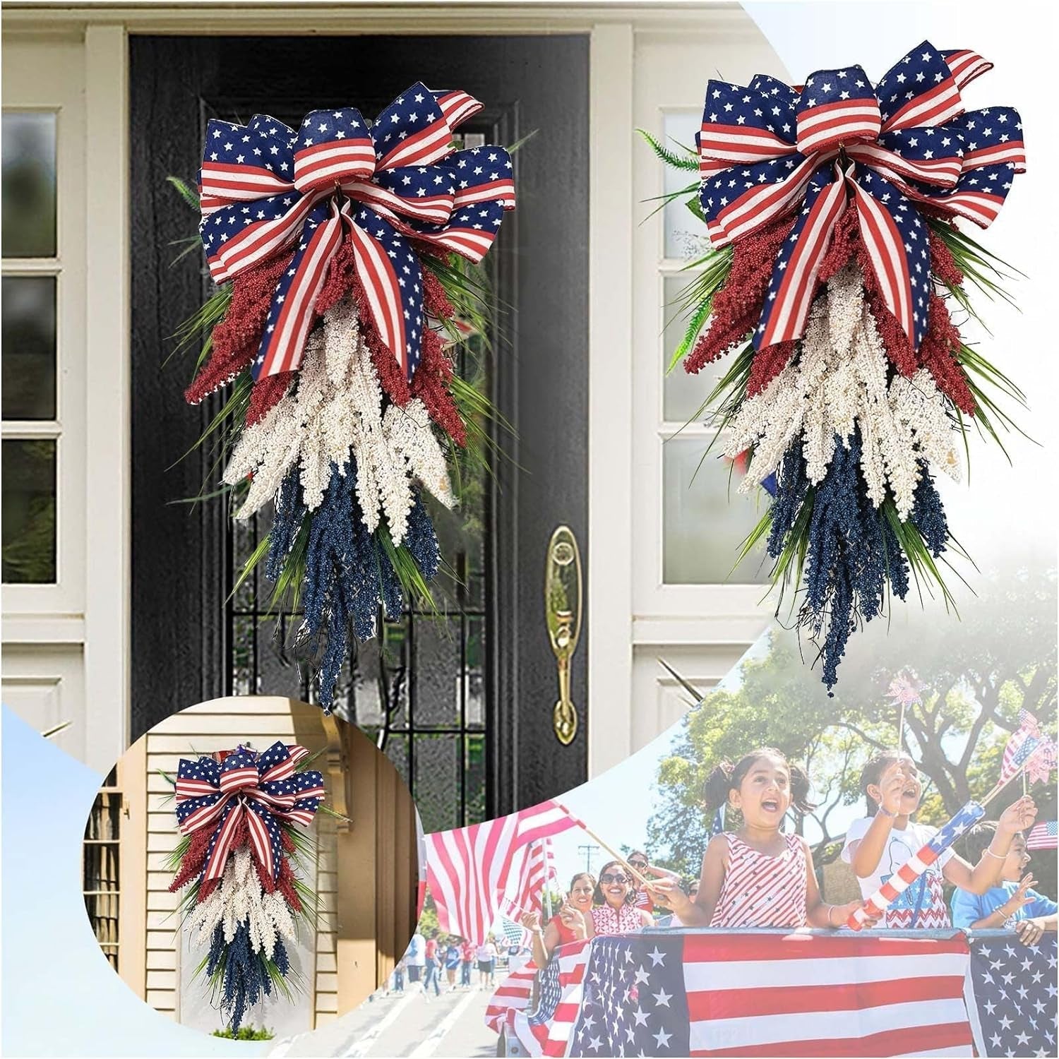 Patriotic Wreaths for Front Door Red White and Blue Wreath 4Th of July Wreath American Flag Wreath Summer Swag Memorial Day Wreath Independence Day Wreath for Indoor Outdoor Home Party Decor (A)