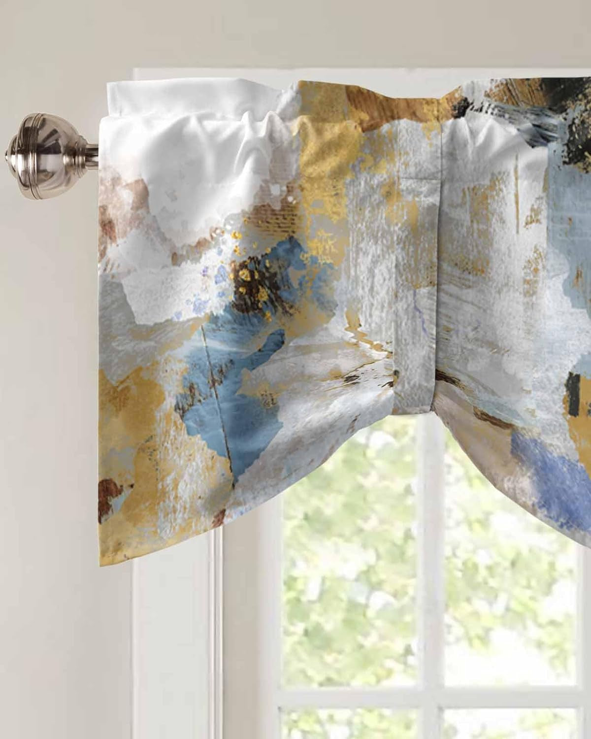 Brown Blue Abstract Tie up Valance Curtains for Windows, Kitchen Curtains Window Treatments, Modern Oil Painted Art Short Window Shades Valances for Bedroom Bathroom Cafe 60"X18"