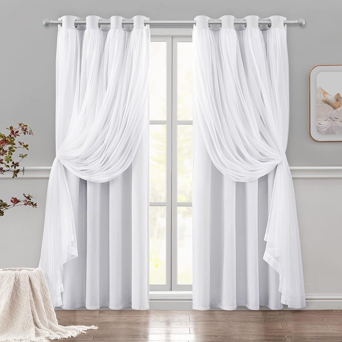 HOMEIDEAS Double Layer Curtains Light Grey Blackout Curtains 84 Inch Length 2 Panels Nursery Curtains for Girls Kids Bedroom Grommet Blackout Curtains with Sheer Overlay  HOMEIDEAS Greyish White 52" X 84" 