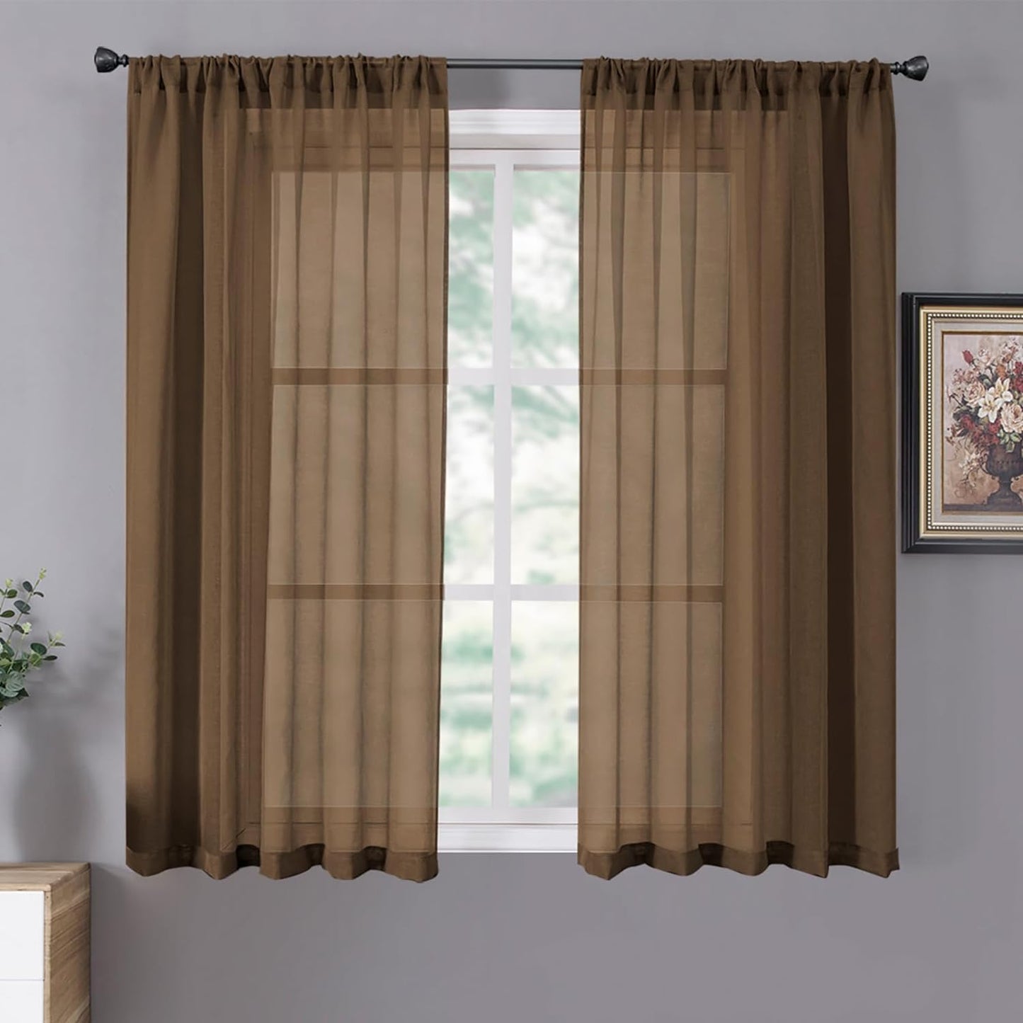 Tollpiz Short Sheer Curtains Linen Textured Bedroom Curtain Sheers Light Filtering Rod Pocket Voile Curtains for Living Room, 54 X 45 Inches Long, White, Set of 2 Panels  Tollpiz Tex Brown 42"W X 54"L 