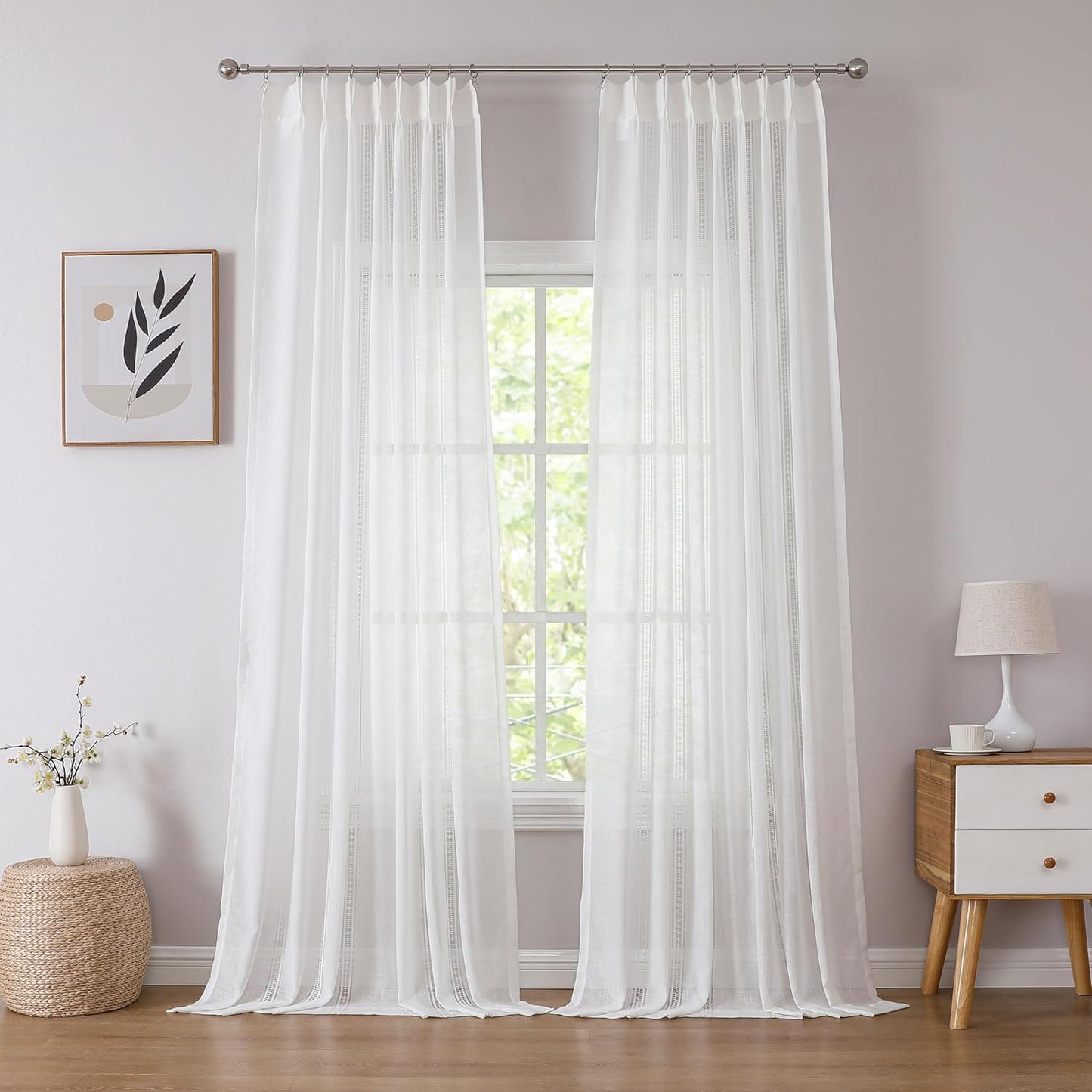 Kayne Studio Boho 2 Pages Sheer Pinch Pleated Curtains,Linen Blended 95 Inches Long Window Treatments,Light Filtering Pinch Pleat Drapes for Farmhouse Living Room 36" W X 90" L,18 Hooks,Beige  Kayne Studio White 36"X95"X2 
