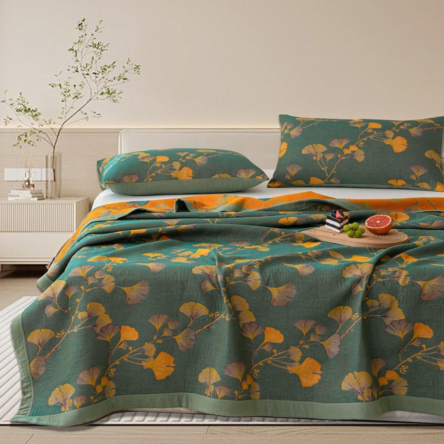 3 Piece Ginkgo Quilt Set with 2 Pillow Shams Queen Reversible Cotton Quilt Bedding Set Lightweight Bedspread Coverlet Sets Queen Size (Queen Quilt)