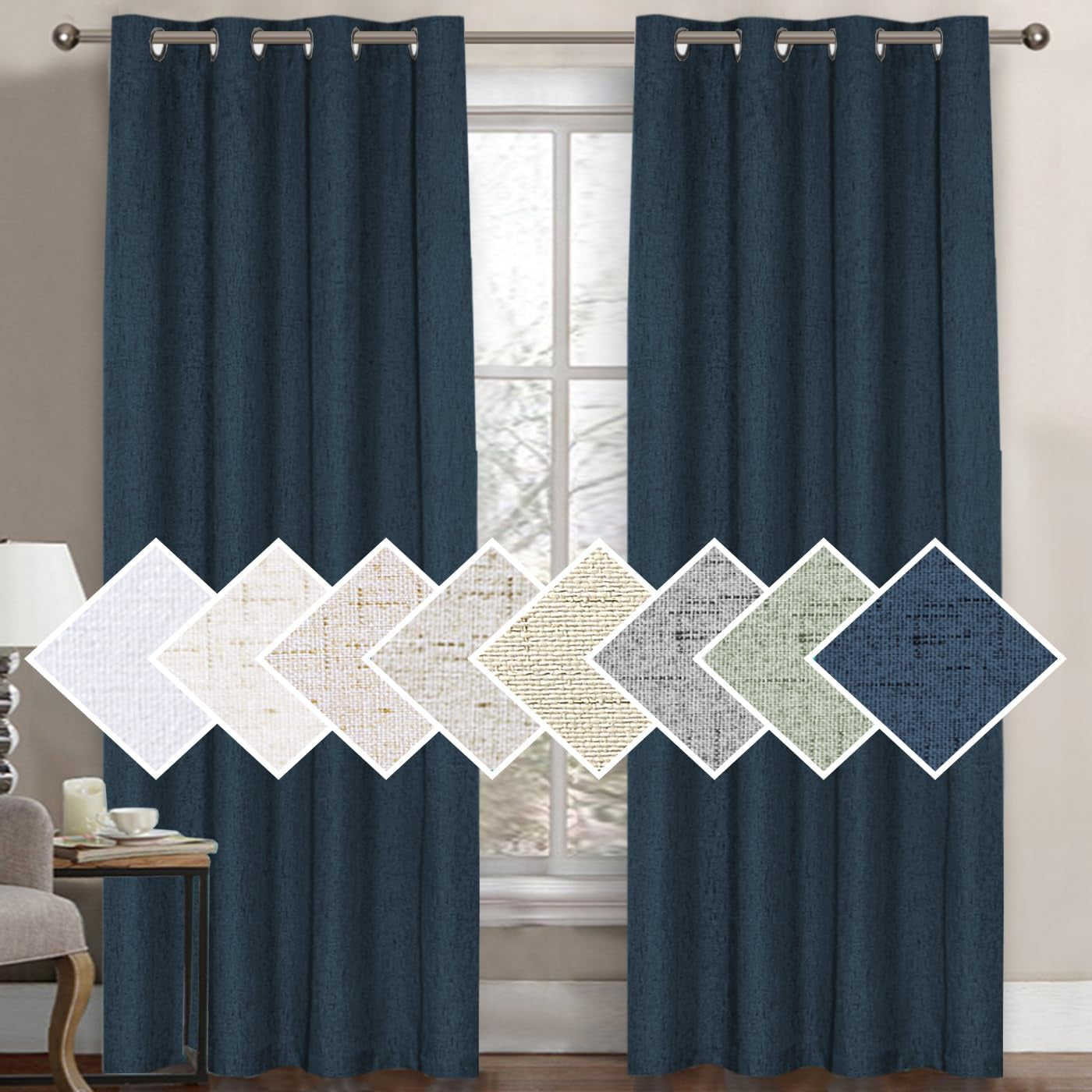 H.VERSAILTEX 100% Blackout Curtains for Bedroom Thermal Insulated Linen Textured Curtains Heat and Full Light Blocking Drapes Living Room Curtains 2 Panel Sets, 52X84 - Inch, Natural  H.VERSAILTEX Navy 1 Panel - 52"W X 96"L 