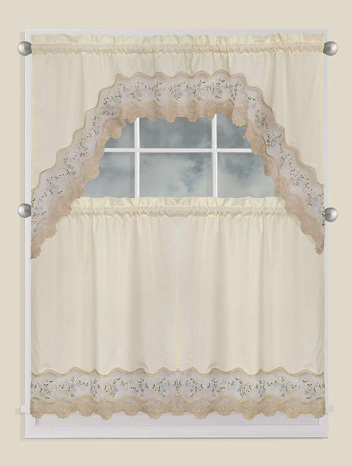 Fancy Collection 3Pc Beige with Embroidery Floral Kitchen/Cafe Curtain Tier and Valance Set 001092 (60" X 38", Gold/Beige/Beige)