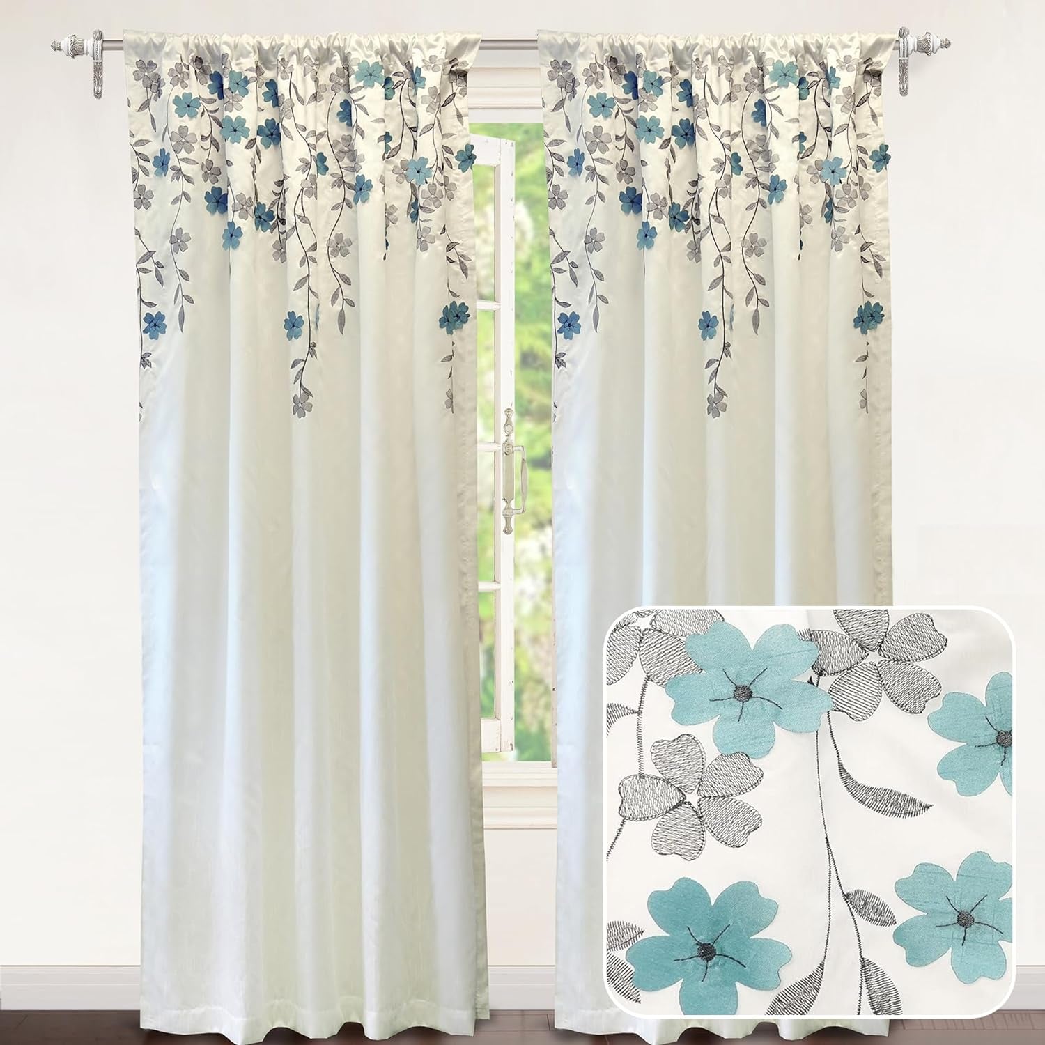 Driftaway Aubree Weeping Flower Print Thermal Room Darkening Privacy Window Curtain for Bedroom Living Room Rod Pocket 2 Panels 52 Inch by 84 Inch Blue  DriftAway Two Panels Ivory Blue 50”X84” 