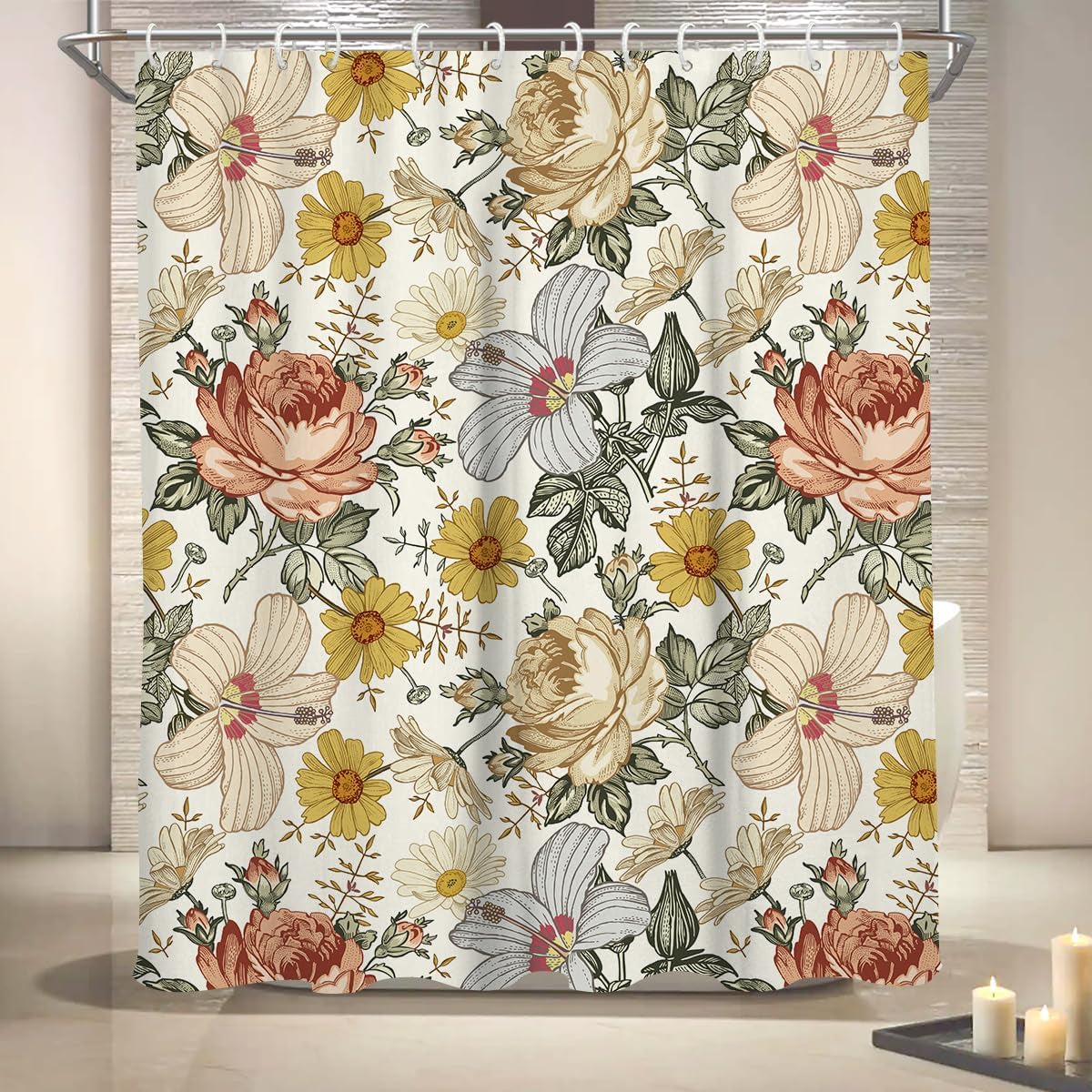 Coxila Floral Shower Curtain Vintage Flower Retro Plant Watercolor Dark Mustard Yellow Colorful Peony Pale Printed 60 X 72 Inch Polyester Fabric Waterproof 12 Pack Hooks
