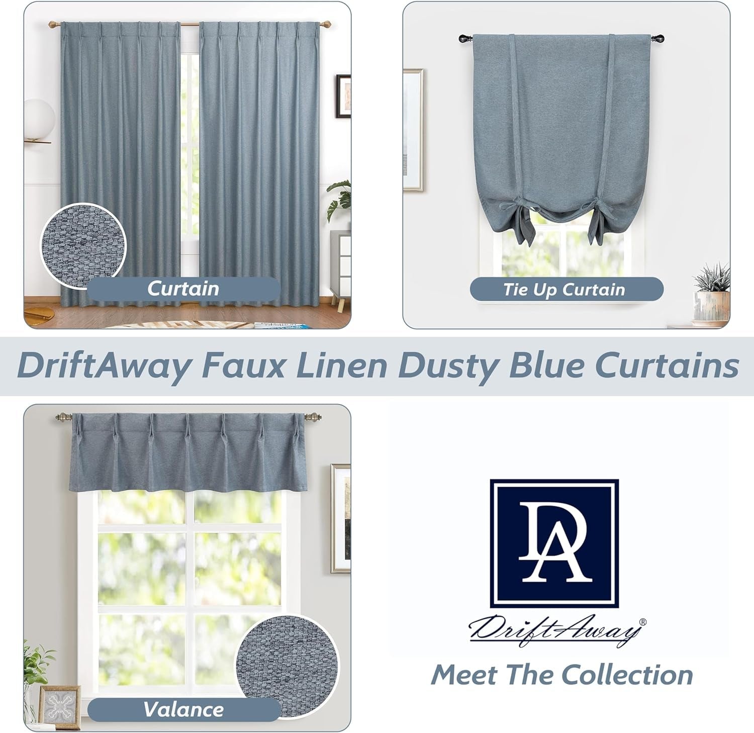 Driftaway Pinch Pleat Valance for Kitchen Window Blackout Faux Linen Textured Solid Valance for Living Room 16 Inch Farmhouse Linen Curtain Valance Window Treatment Back Tab 52X16 Dusty Blue
