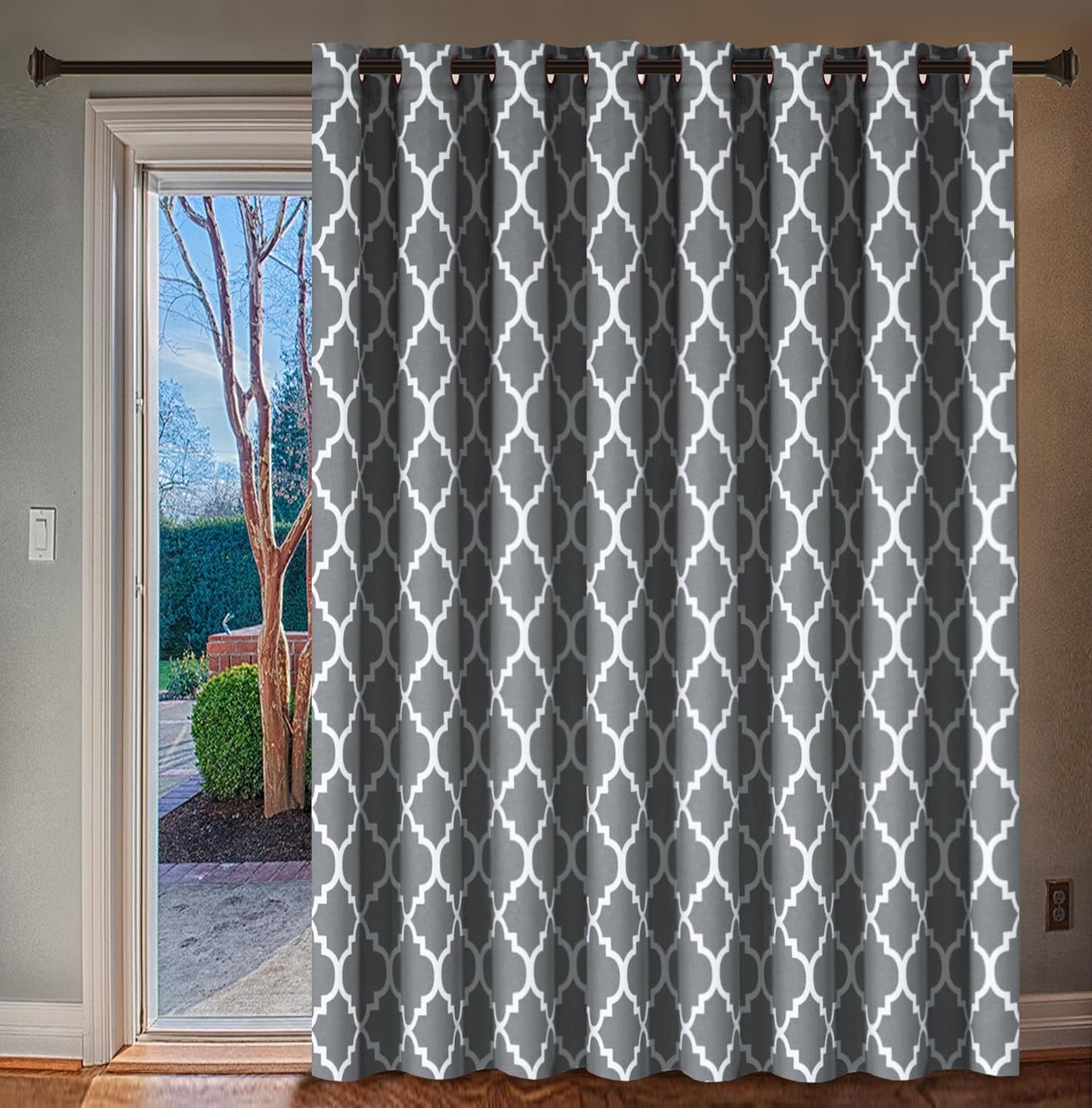 H.VERSAILTEX Extra Wide Blackout Curtain 100X84 Inches Thermal Insulated Curtain for Sliding Glass Door -Grommet Top Patio Door Curtain - Moroccan Tile Quatrefoil Pattern, Dove and White  H.VERSAILTEX Grey  White 100"W X 96"L 