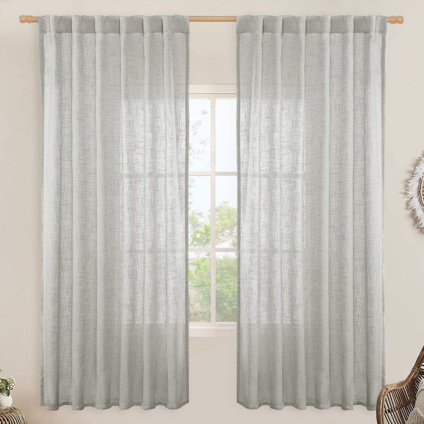LAMIT Natural Linen Blended Curtains for Living Room, Back Tab and Rod Pocket Semi Sheer Curtains Light Filtering Country Rustic Drapes for Bedroom/Farmhouse, 2 Panels,52 X 108 Inch, Linen  LAMIT Light Grey 52W X 72L 
