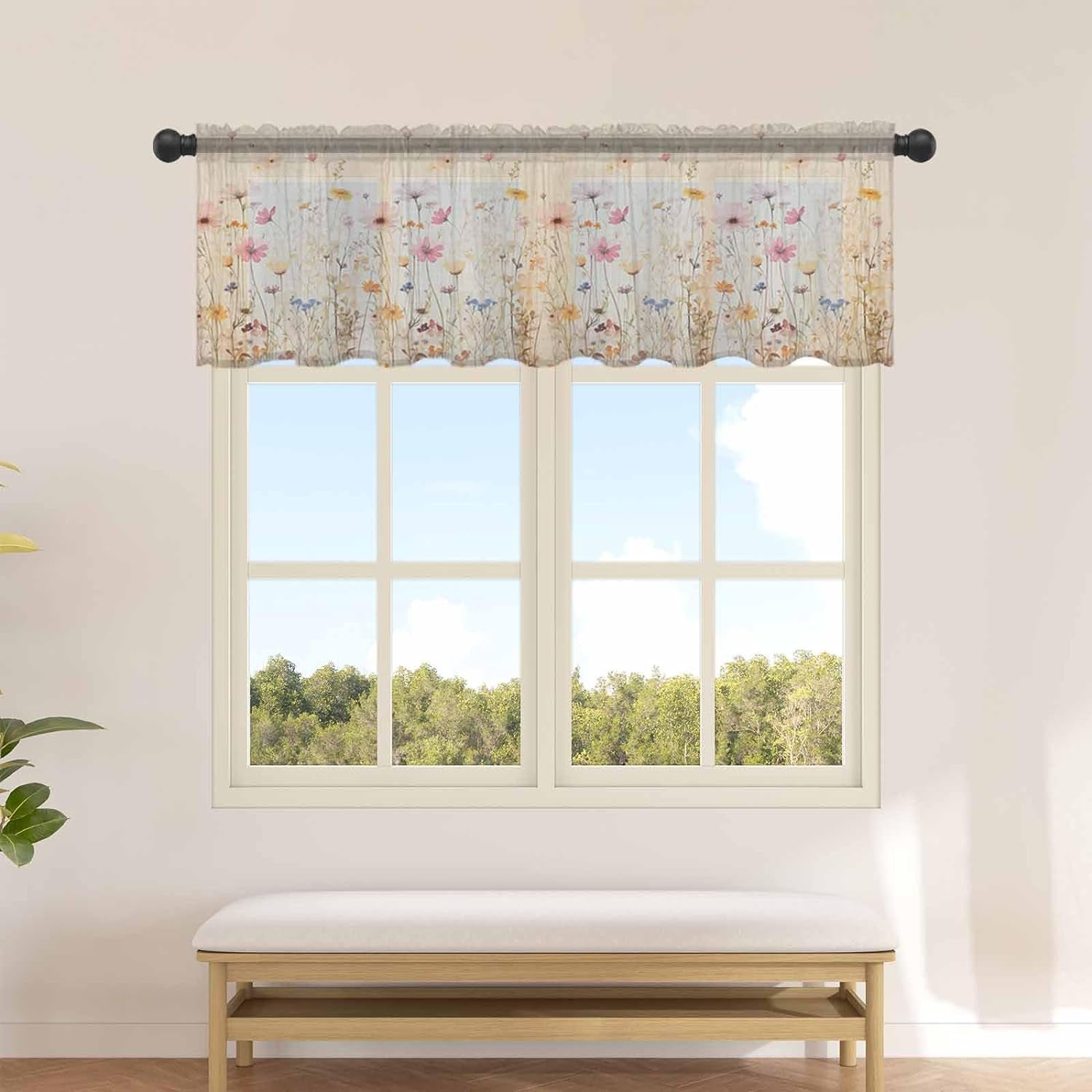 Botanical Wildflower Valance Curtains for Kitchen/Living Room/Bathroom/Bedroom Window,Rod Pocket Small Topper Half Short Window Curtains Voile Sheer Scarf, 54"X18" Retro Colored Spring Floral Herb