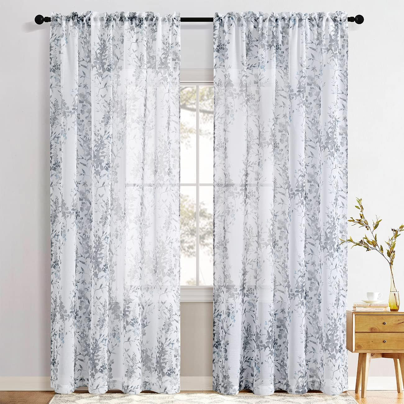 Kotile Grey White Sheer Curtains, Classic Vintage Branch Leaf Printed Sheer Curtains 63 Inch Length 2 Panels Set, Privacy Rod Pocket Sheer Window Floral Curtains, 50 X 63 Inch, Grey  Kotile Textile   