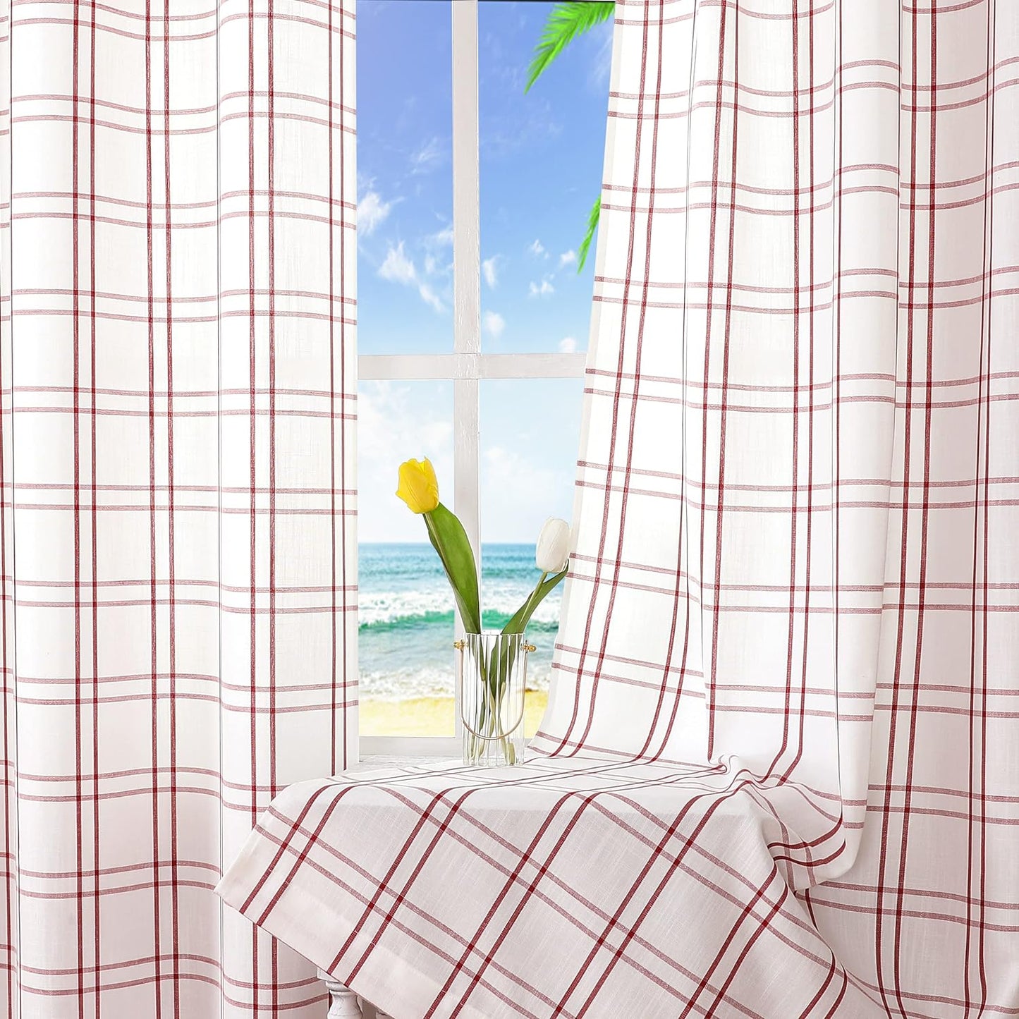 Amzdecor Plaid Window Treatment Set,Light Filtering Curtain Woven Lines Pattern Drapes for Living Room and Bedroom, Semi Sheer Rod Pocket Modern Farmhouse Style 2 Panels 40"X84",Liene&White.  Amzdecor Red 40"X63"X2 