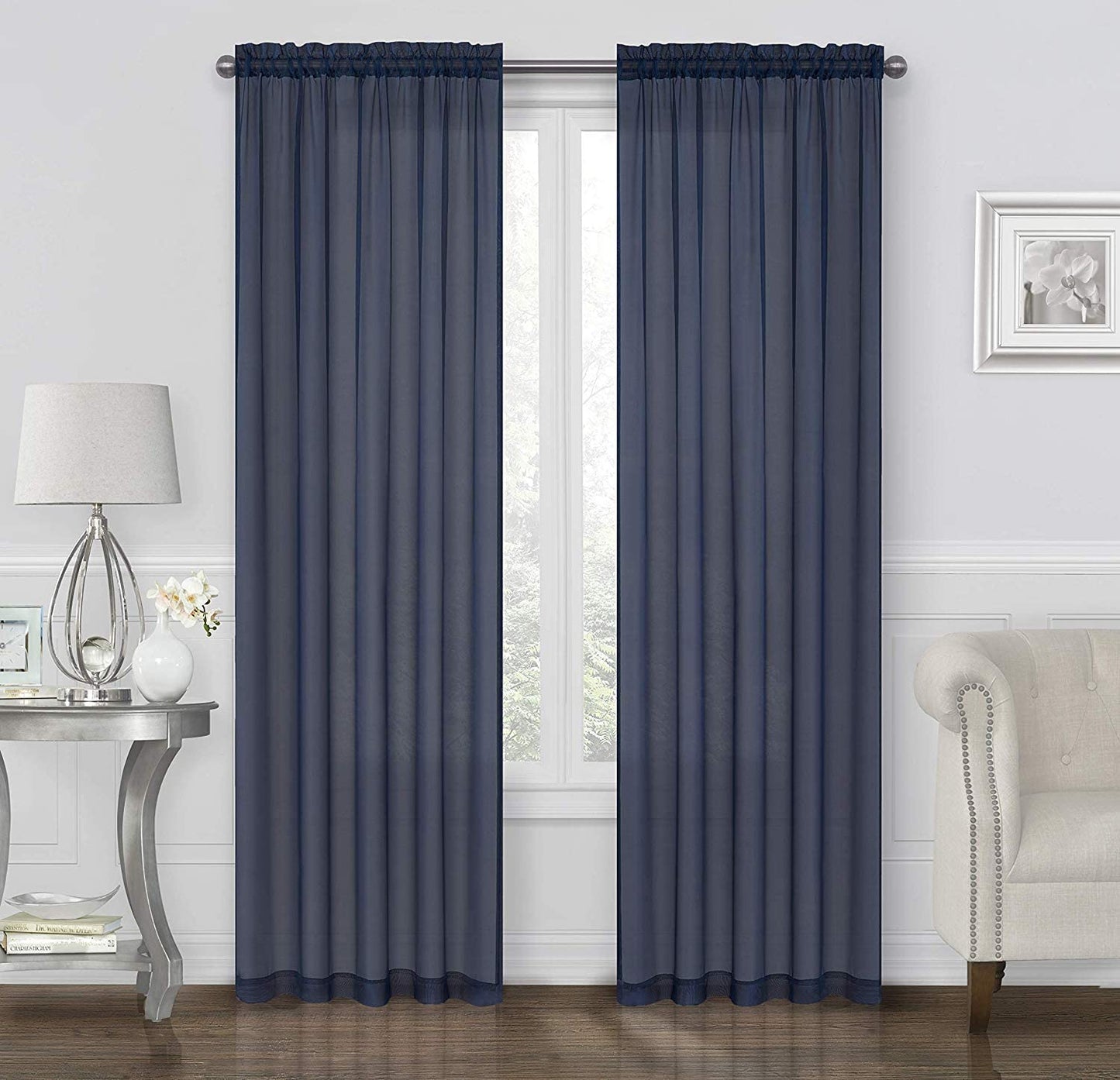 Goodgram 2 Pack: Basic Rod Pocket Sheer Voile Window Curtain Panels - Assorted Colors (White, 84 In. Long)  Goodgram Navy Contemporary 95 In. Long