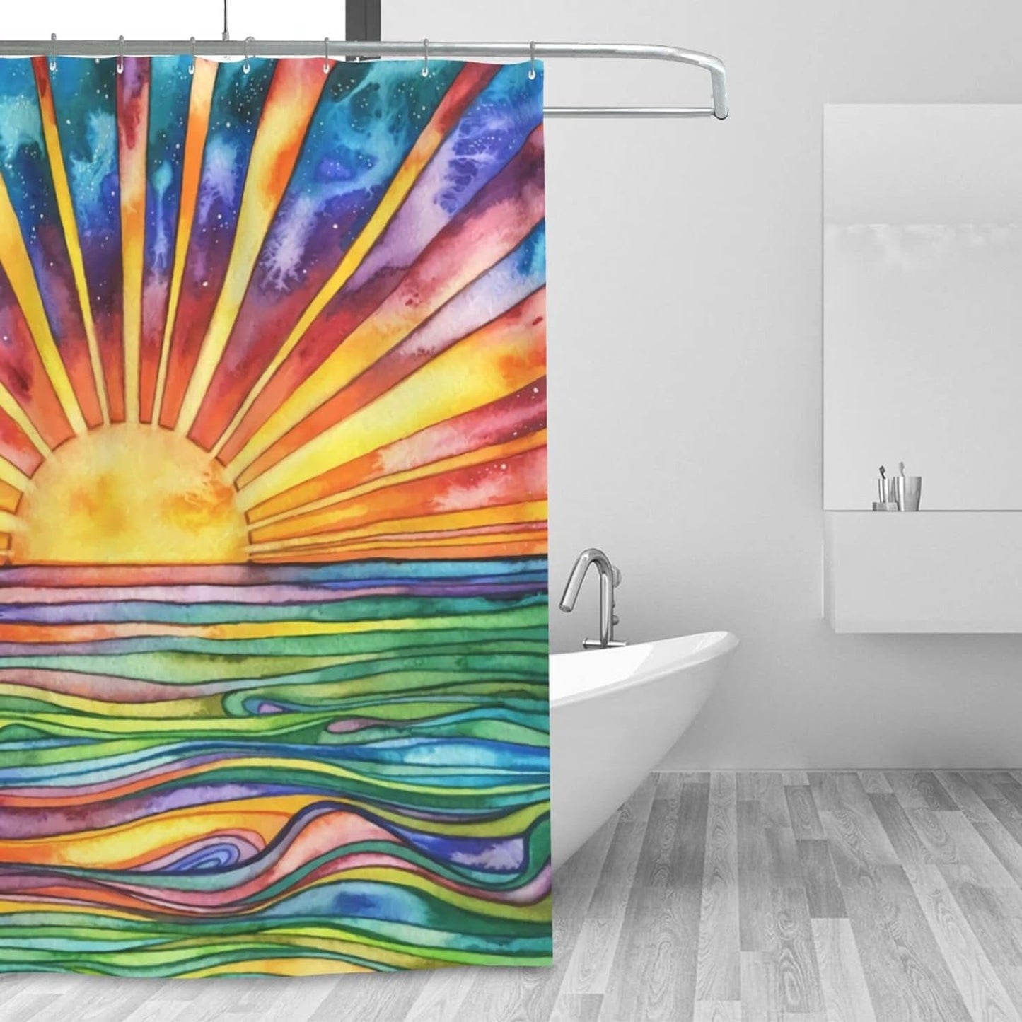 Boho Shower Curtains for Bathroom, Abstract Colorful Sun Shower Curtain, Modern Geometric Sunrise Sunset Polyester Waterproof Fabric Bath Curtain, 72''X72''