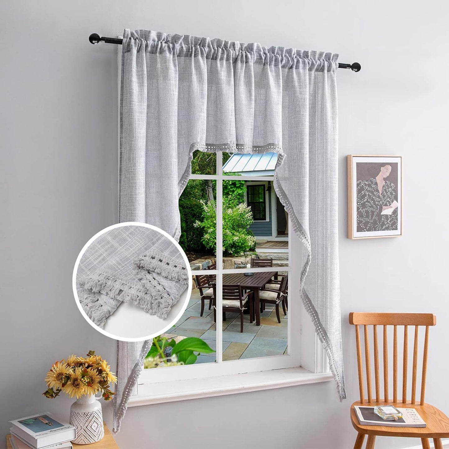 Beda Home Tassel Linen Textured Swag Curtain Valance for Farmhouses’ Kitchen; Light Filtering Rustic Short Swag Topper for Small Windows Bedroom Privacy Added Rod Pocket Design(Nature 36X63-2Pcs)  BD BEDA HOME Light Grey 36Wx63L - 2 Panels 