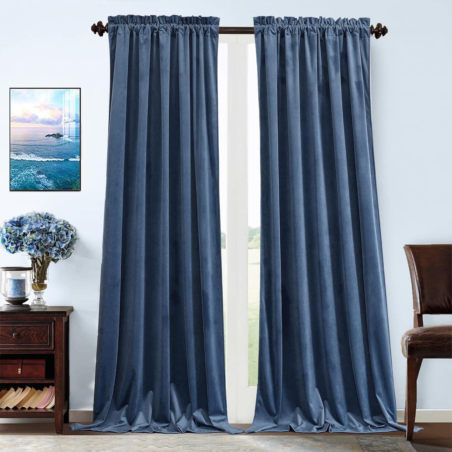 Benedeco Green Velvet Curtains for Bedroom Window, Super Soft Luxury Drapes, Room Darkening Thermal Insulated Rod Pocket Curtain for Living Room, W52 by L84 Inches, 2 Panels  Benedeco Ocean Blue W52 * L108 | 2 Panels 