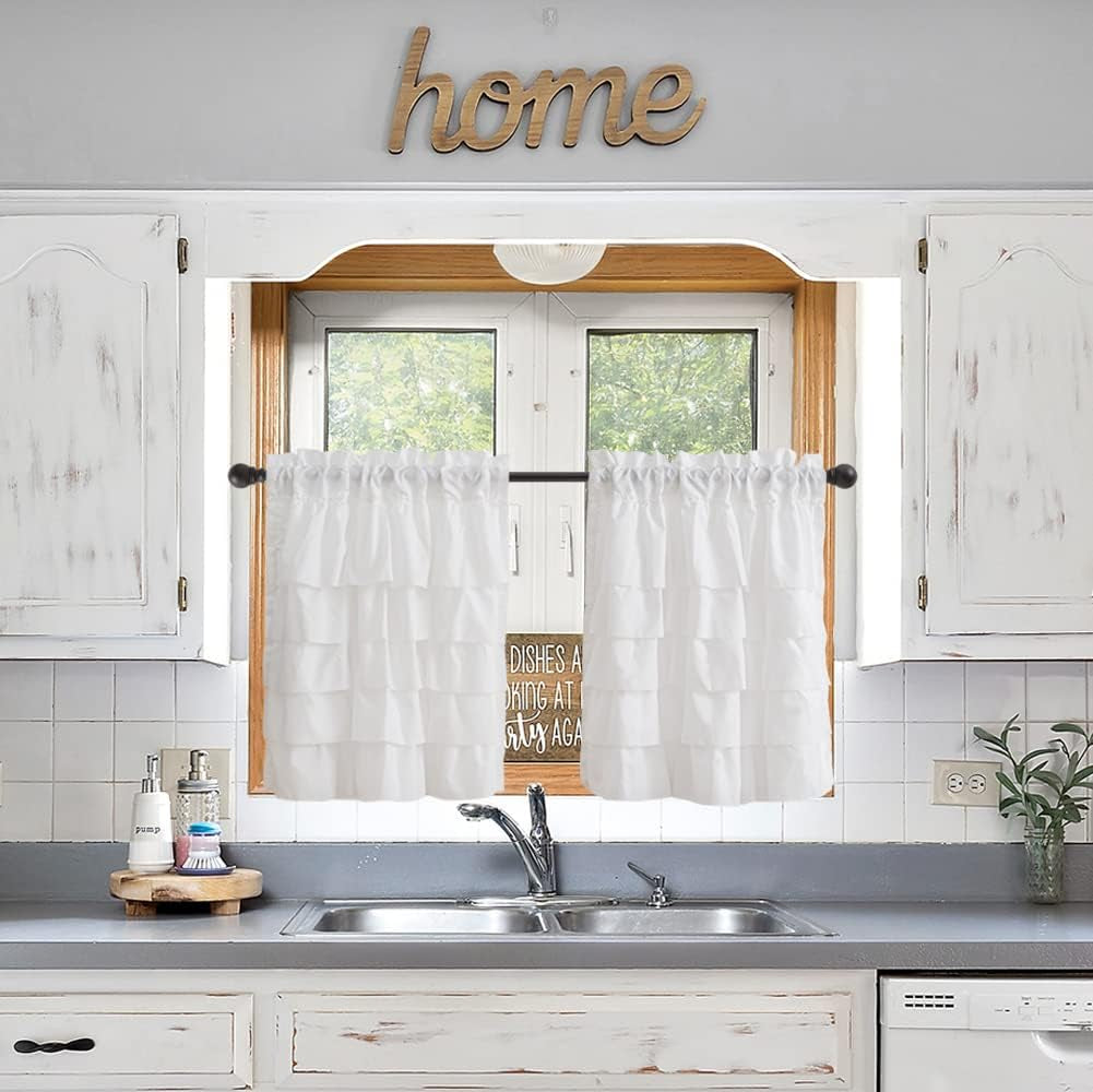 White Ruffle Kitchen Window Curtains-Small Windows Curtain for Bathroom, 45 Inch Length Sets Short Cafe Panels (Set of 2)  WestWeir Design White Tier Curtain 27"W X 24"L 