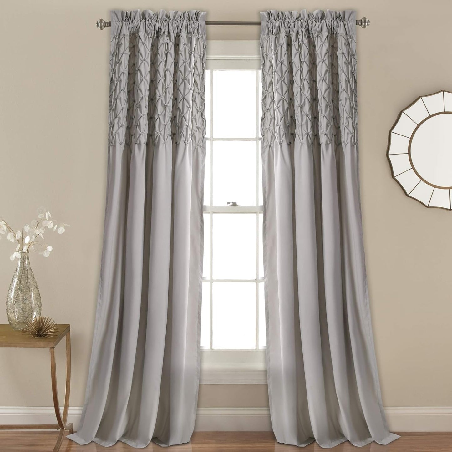 Lush Decor Bayview Curtains-Pintuck Textured Semi Sheer Window Panel Drapes Set for Living, Dining, Bedroom (Pair), 54" W X 84" L, White  Triangle Home Fashions Grey 54"W X 84"L 