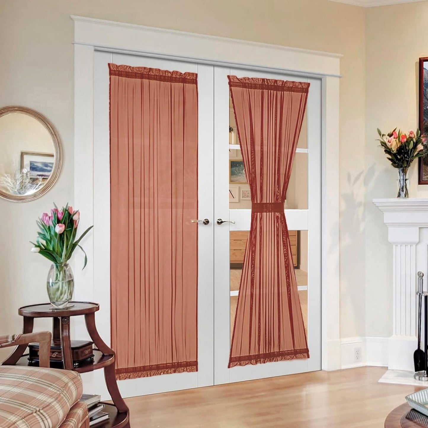 MIULEE French Door Sheer Curtains for Front Back Patio Glass Door Light Filtering Window Treatment with 2 Tiebacks 54 Wide and 72 Inches Length, White, Set of 2  MIULEE Burnt Orange 54"W X 72"L 