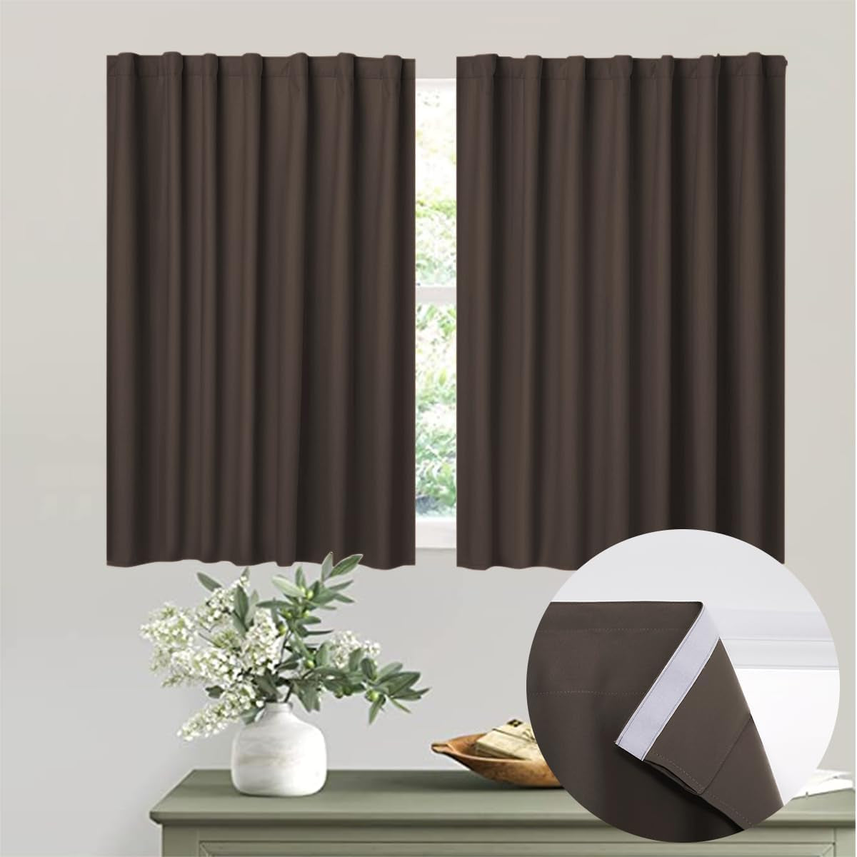 Muamar 2Pcs Blackout Curtains Privacy Curtains 63 Inch Length Window Curtains,Easy Install Thermal Insulated Window Shades,Stick Curtains No Rods, Black 42" W X 63" L  Muamar Coffee 29"W X 36"L 