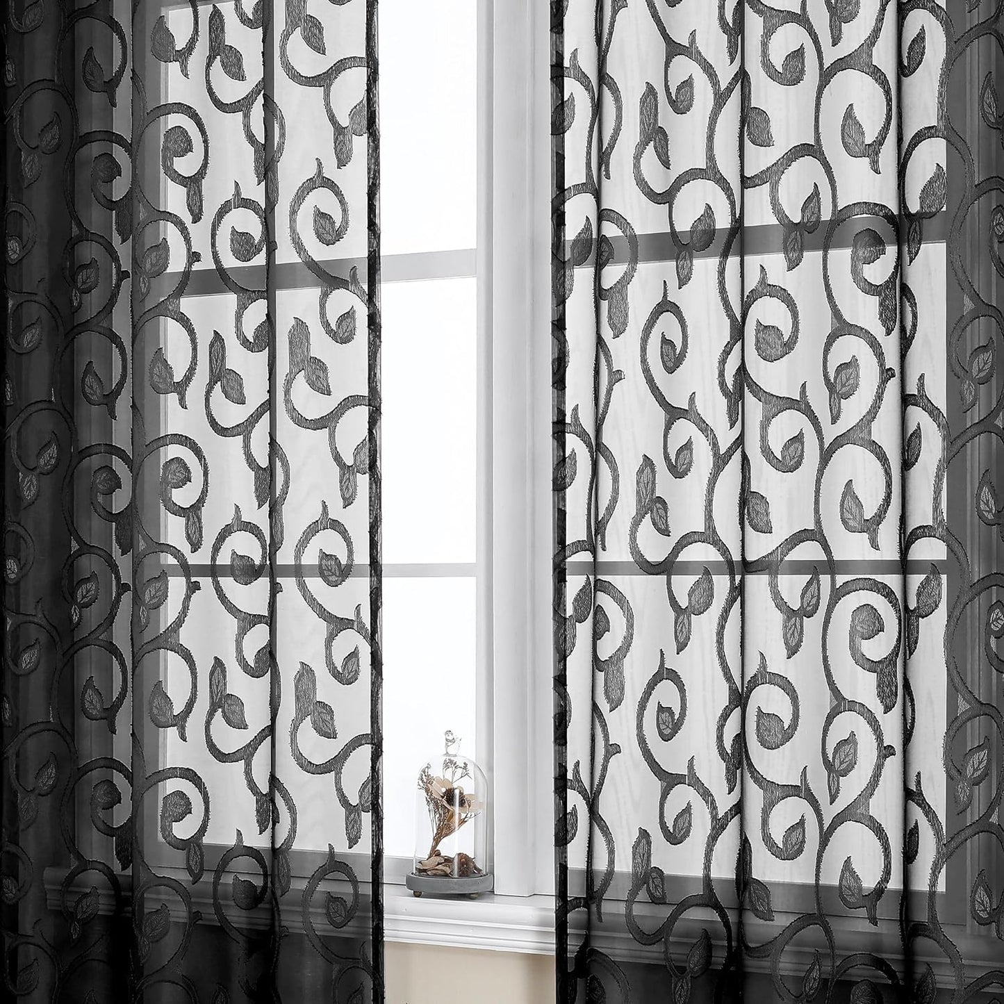OWENIE Furman Sheer White Curtains 84 Inches Long for Bedroom Living Room 2 Panels Set, White Curtains Jacquard Clip Light Filtering Semi Sheer Curtain Transparent Rod Pocket Window Drapes, 2 Pcs  OWENIE Black 40W X 84L 