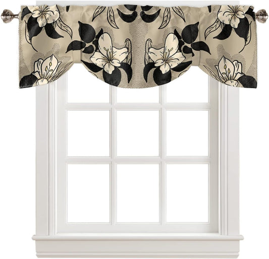 Black Beige Flower Tie up Valance Curtains for Windows, Kitchen Curtains Window Treatments, Rustic Retro Beige Leaves Botanical Short Window Shades Valances for Bedroom Bathroom Cafe 54"X18"