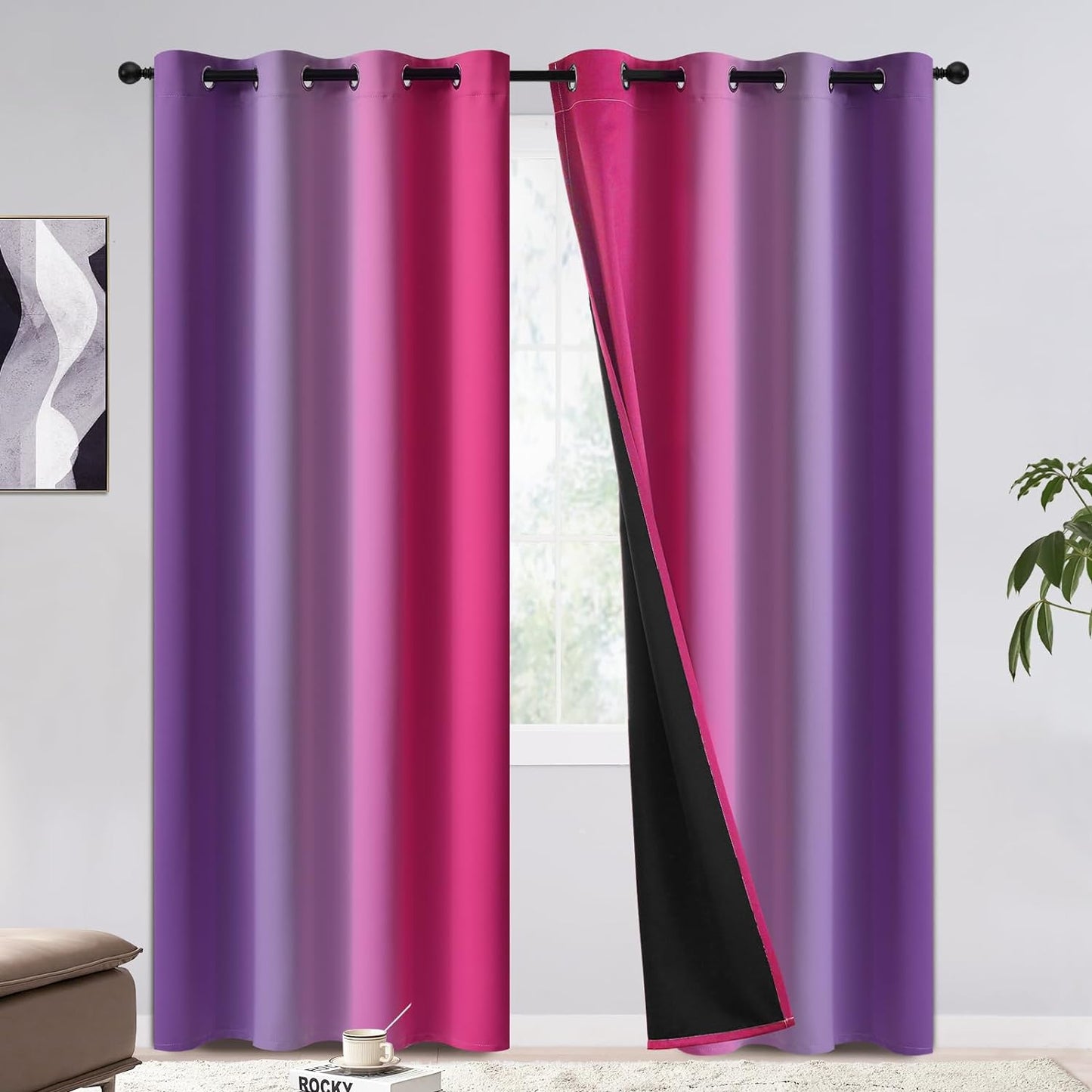 COSVIYA 100% Blackout Curtains & Drapes Ombre Purple Curtains 63 Inch Length 2 Panels,Full Room Darkening Grommet Gradient Insulated Thermal Window Curtains for Bedroom/Living Room,52X63 Inches  COSVIYA Blackout Pink And Purple 52W X 84L 