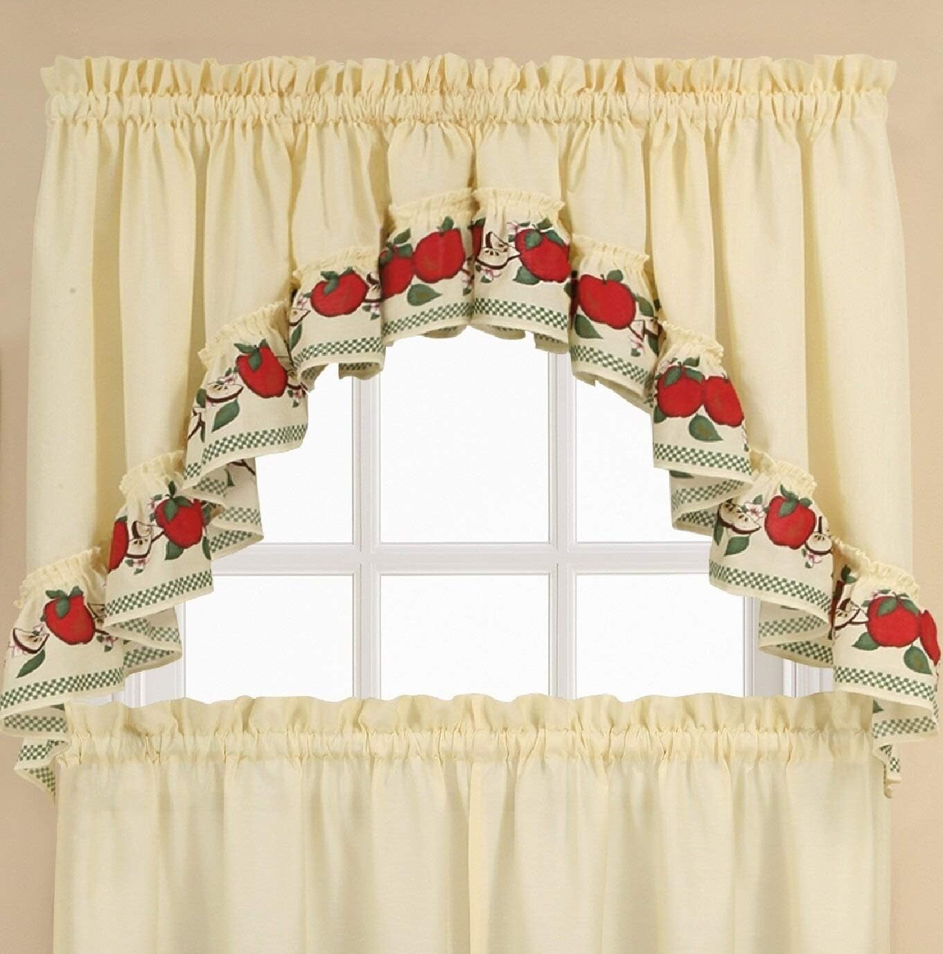 CHF & You Red Delicious Country Apples 3-Piece Window Curtain Tier Set, Ivory, 56-Inch X 24-Inch, Multi Color  CHMJE   
