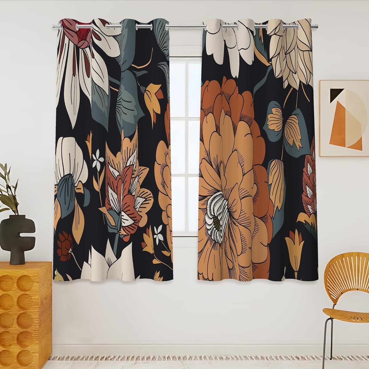 Boho Floral 100% Blackout Curtains for Living Room 96 Inch Long 2 Panels Mid Century Botanical Black Out Curtains for Bedroom Grommet Thermal Insulated Room Darkening Window Drapes,52Wx96L  Tyrot Boho Floral 52W X 45L Inch X 2 Panels 