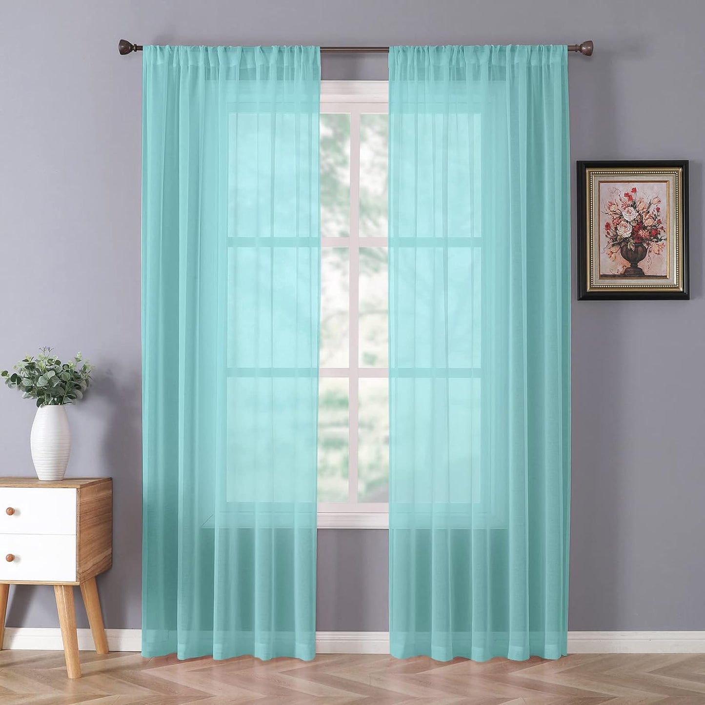 Tollpiz Short Sheer Curtains Linen Textured Bedroom Curtain Sheers Light Filtering Rod Pocket Voile Curtains for Living Room, 54 X 45 Inches Long, White, Set of 2 Panels  Tollpiz Tex Crystal Blue 54"W X 72"L 