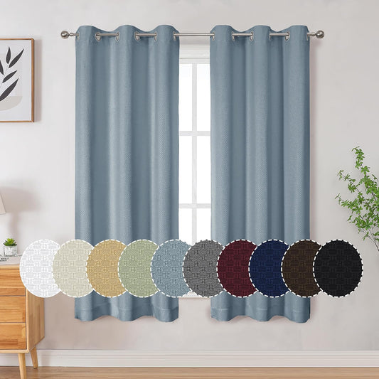 OVZME 100% Black Out Curtains 63 Inch Long 2 Panel Sets for Living Room, Completely Blackout Bedroom Drapes Textured Thermal Insulated Warm Fleece for Winter, Grommet Top, 42W X 63L, Sky Blue  OVZME Sky Blue 42W X 63L Inch X 2 Panels 