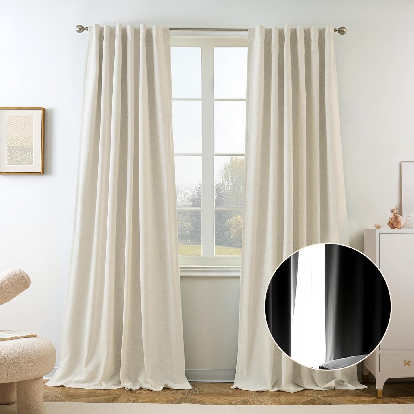 Driftaway 100% Blackout Natural Linen Curtains for Bedroom 96 Inches Long Double Layer Drape Farmhouse Thermal Insulated 3 Inch Rod Pocket Back Tab Full Light Blocking 2 Panels for Living Room Nursery  DriftAway Light Linen 52"X90" 
