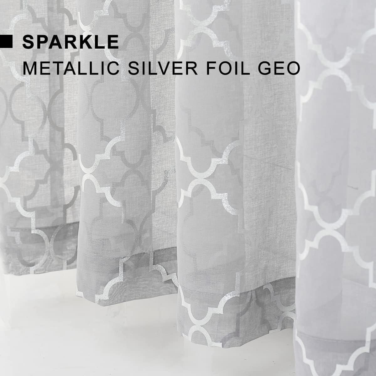 Kotile Silver Grey Sheer Curtains 96 Inch - Metallic Silver Foil Moroccan Tile Printed Rod Pocket Privacy Light Filtering Curtains for Living Room, 52 X 96 Inches, 2 Panels, Grey and Silver  Kotile Textile   