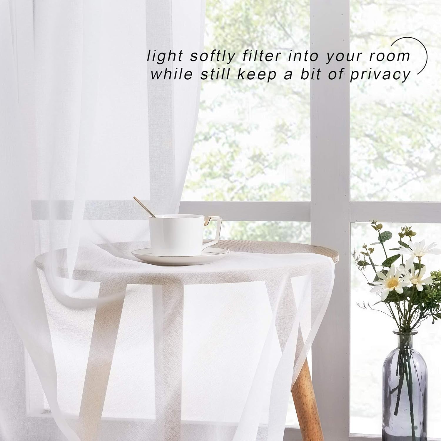 NICETOWN White Semi Sheer Curtains for Living Room- Linen Texture Light Airy Drapes, Rod Pocket & Back Tab Design Voile Panels for Large Window, Set of 2, 55 X 108 Inch  NICETOWN   
