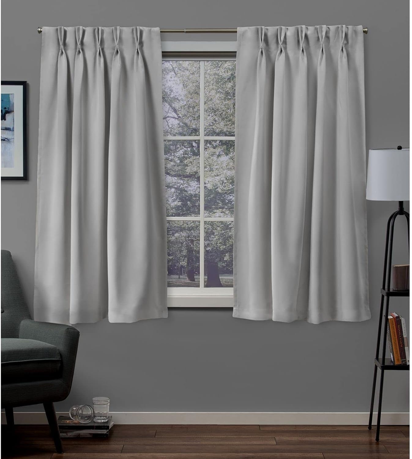 Exclusive Home Sateen Twill Woven Room Darkening Blackout Pinch Pleat/Hidden Tab Top Curtain Panel Pair, 108" Length, Vanilla  Exclusive Home Curtains Silver 63" Length 