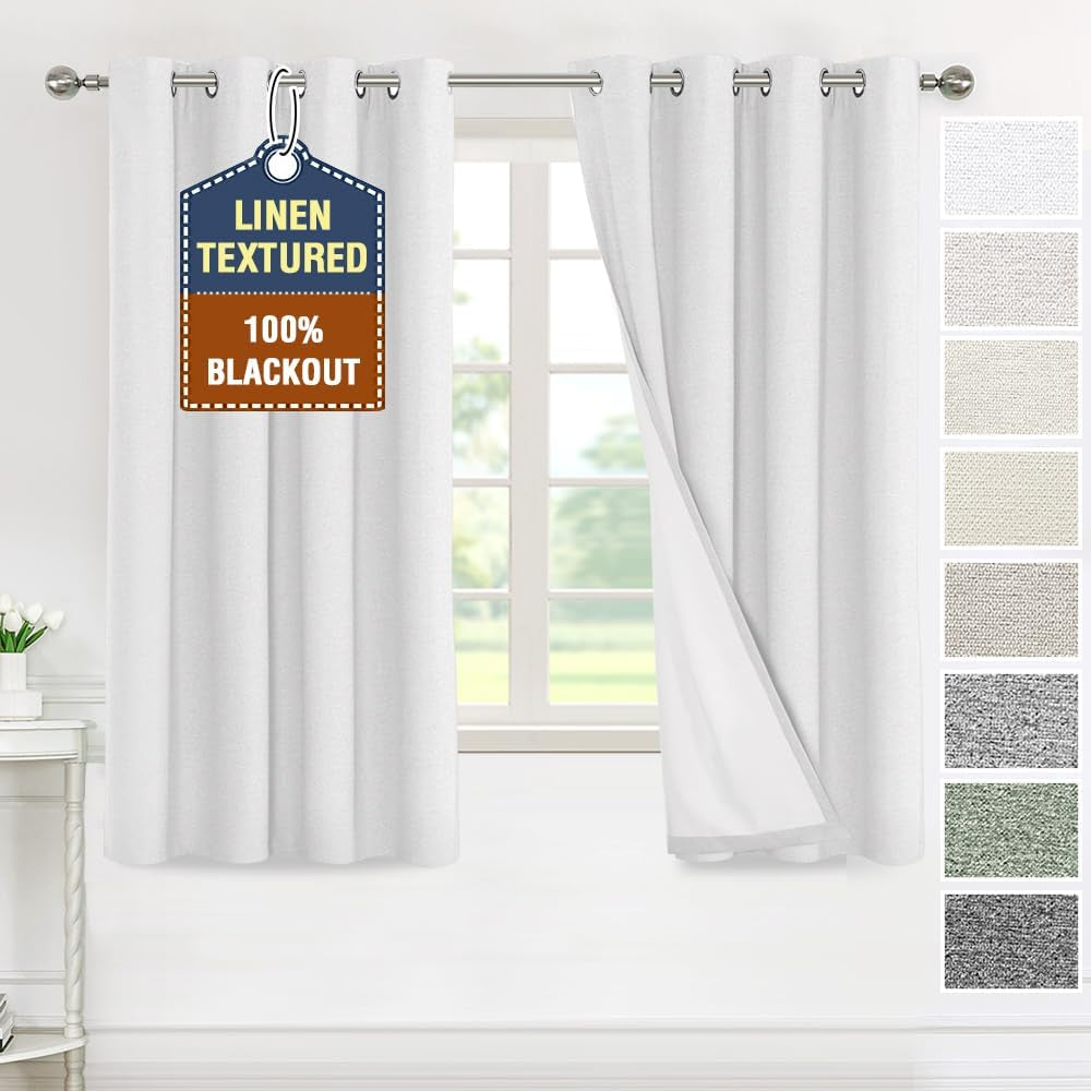 H.VERSAILTEX Linen Curtains Grommeted Total Blackout Window Draperies with Linen Feel, Thermal Liner for Energy Saving 100% Blackout Curtains for Bedroom 2 Panel Sets, 52X96 Inch, Ultimate Gray  H.VERSAILTEX White 52"W X 63"L 